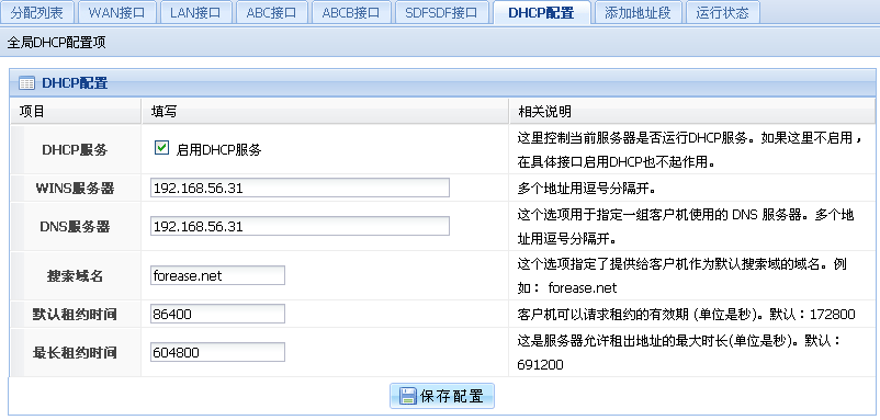 DHCP设置界面图