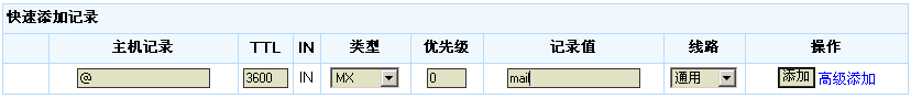 添加MX记录界面