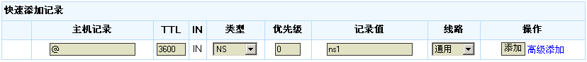 添加NS记录界面
